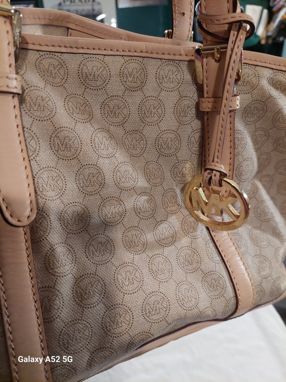 Michael Kors Beige Signature Tote with Gold Logo Charm